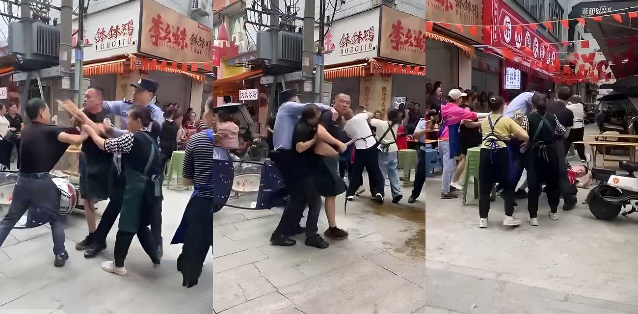 德阳小吃街群架现场曝光！钵钵鸡门前多人扭打 有人泼油升级事态严重性