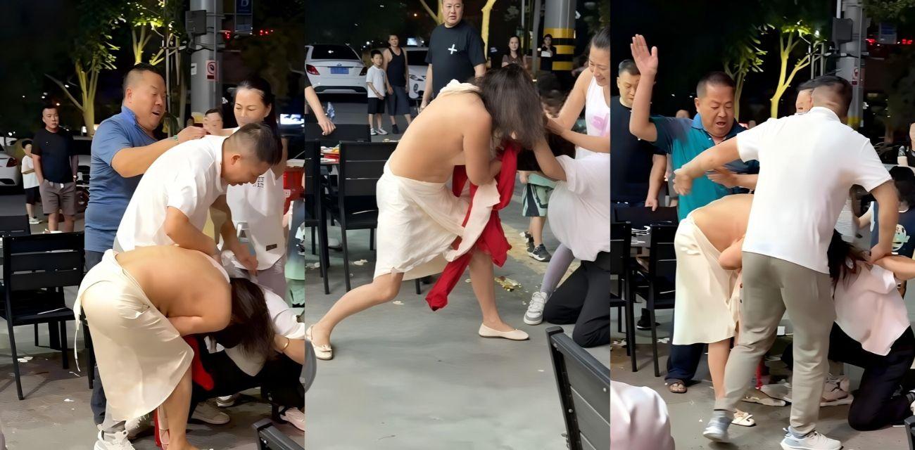炸裂抓奸现场 原配带公公当街抓小三 强行扒衣奶子露光光 众人围观看过瘾！