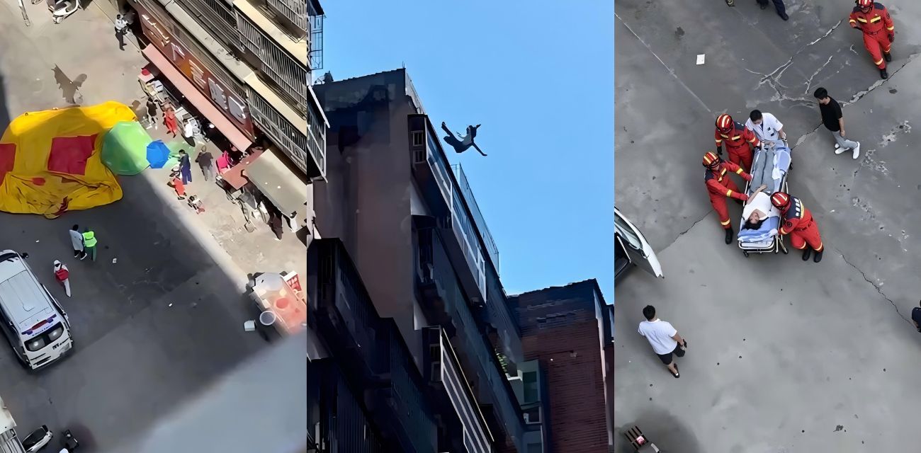 普宁女孩跳楼事件 数十米高空跃下 万幸被气垫接住 部分网友冷嘲热讽令人愤慨！