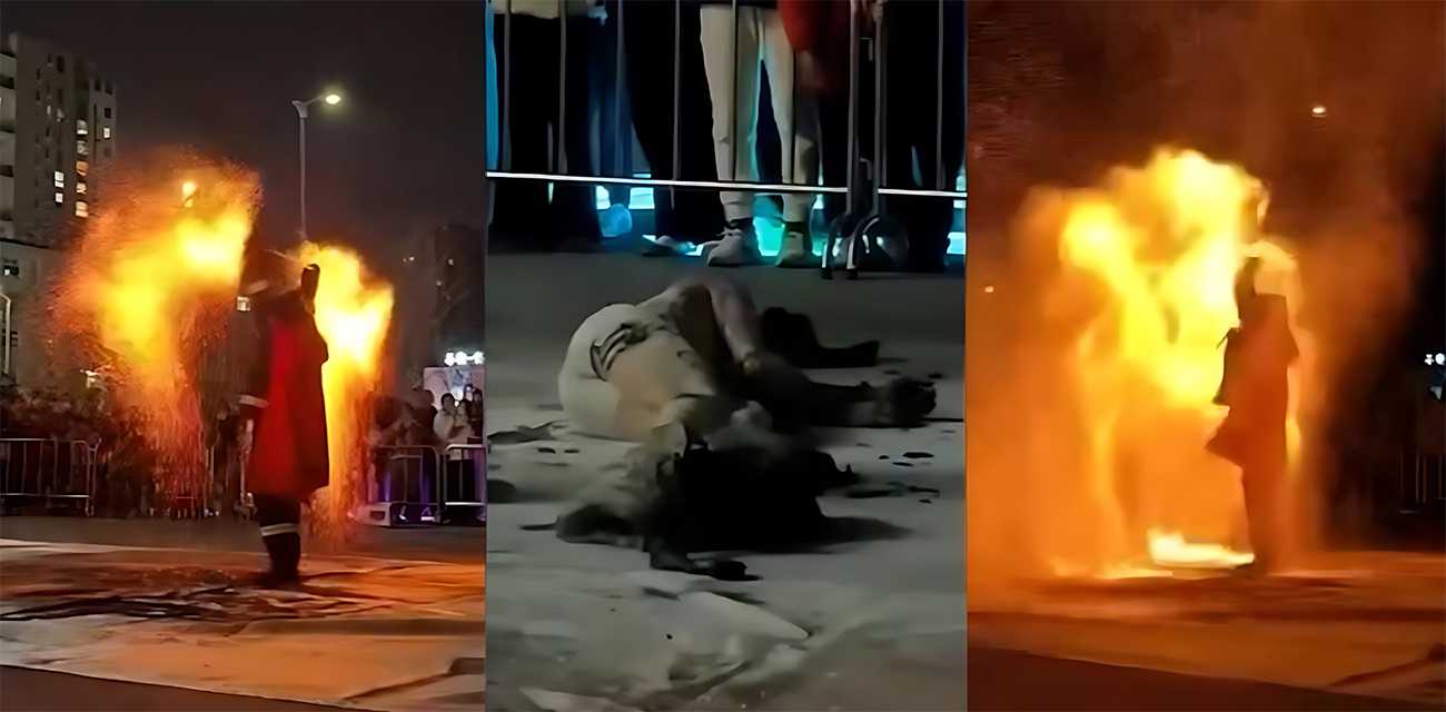 金门火舞哥 表演火棍杂技 回燃全身起火 瞬间跪地惨叫翻滚 二级烫伤紧急送医 全场观众吓到集体尿崩！