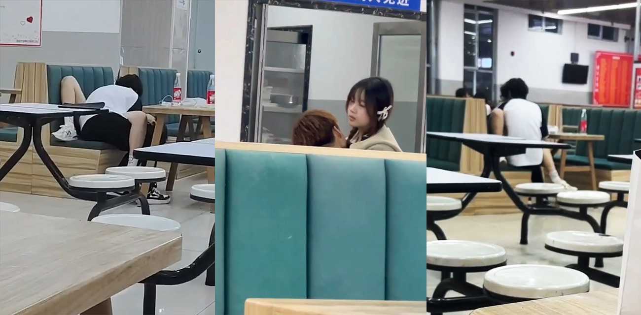 大学情侣食堂偷玩啪啪被拍 猛抠再到骑乘偷操 旁若无人当众开摇 食堂秒变片场！