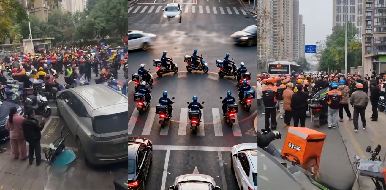 长沙外卖骑手集体抗议！合能璞丽小区双标禁骑车 数百兄弟跨平台集结鸣笛围堵 万人黄袍加身cos皇帝 令全网震惊！
