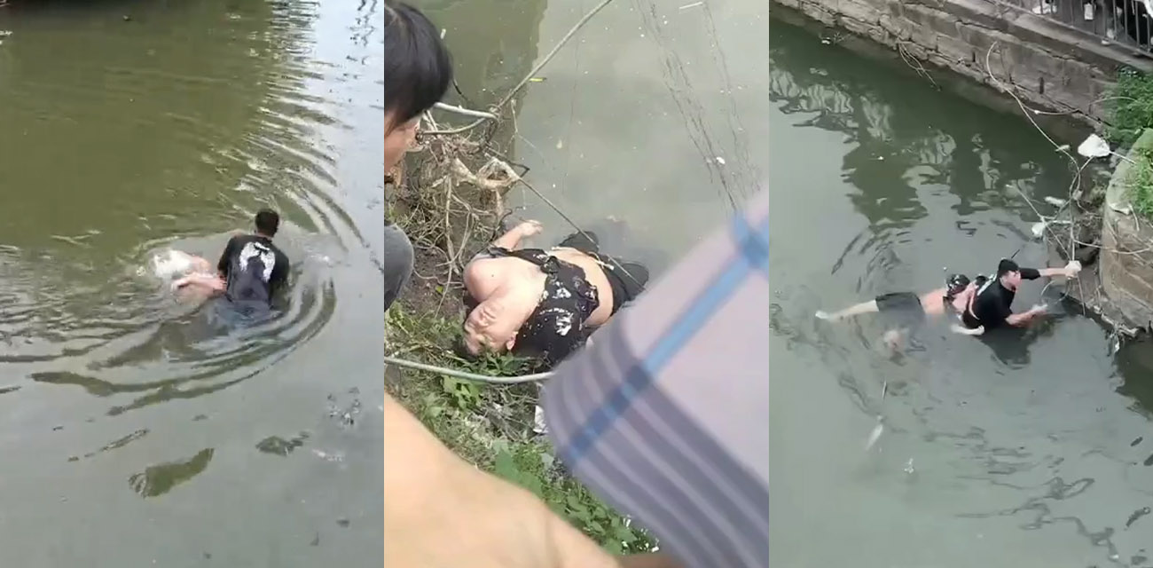广东汕头杀人现场 两男子吵架一人被推下河按头溺亡 太残忍了！