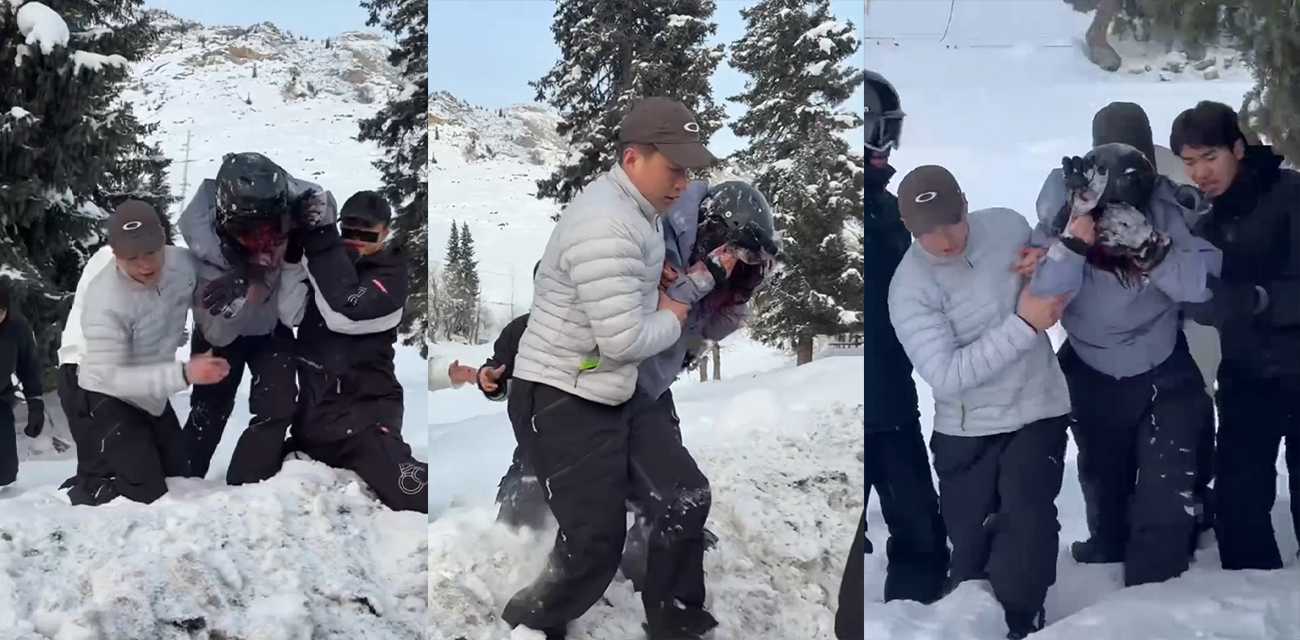 新疆可可托海 雪豹伤人现场视频流出 滑雪妹子瞬间被扑倒 头盔挡住致命一咬！