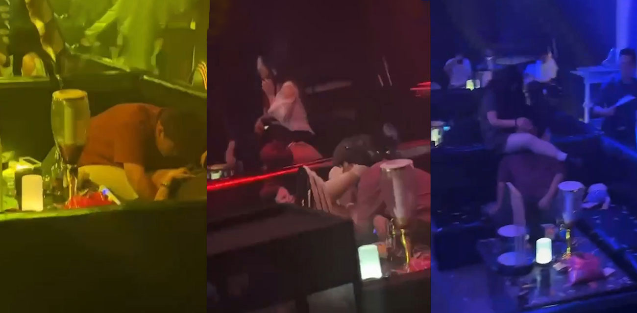 山东潍坊哈哈酒吧劲爆曝光 骚男当众把头塞进浪妹裙子狂舔逼 太开放了！