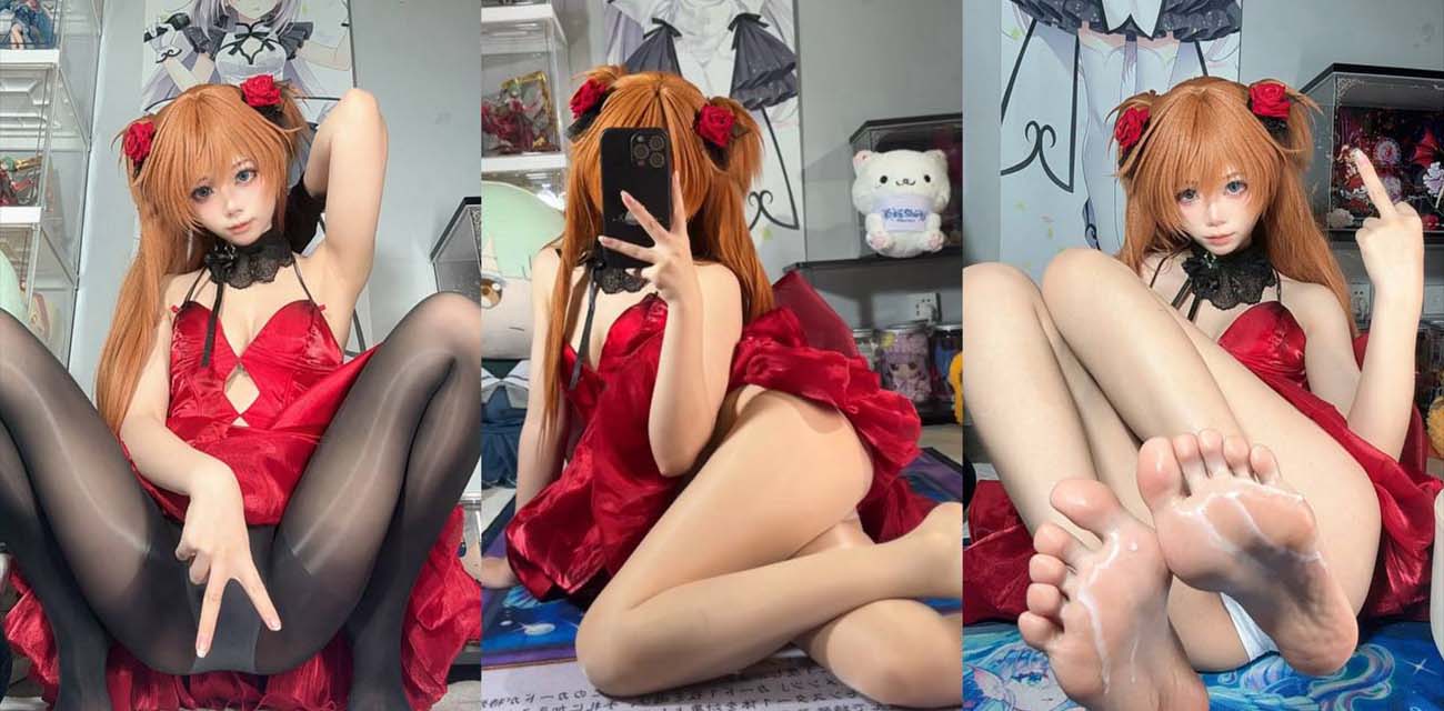 推特网红 白栎Shirly COS明日香 黑丝美腿模拟足交 甜萝玩转倒模高跟！