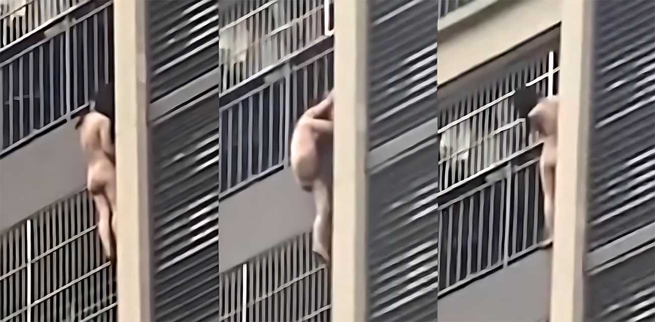 女子洗澡突发火灾 全裸徒手爬栏杆高空逃生 高楼浓烟滚滚 现场惊心动魄生死一线！